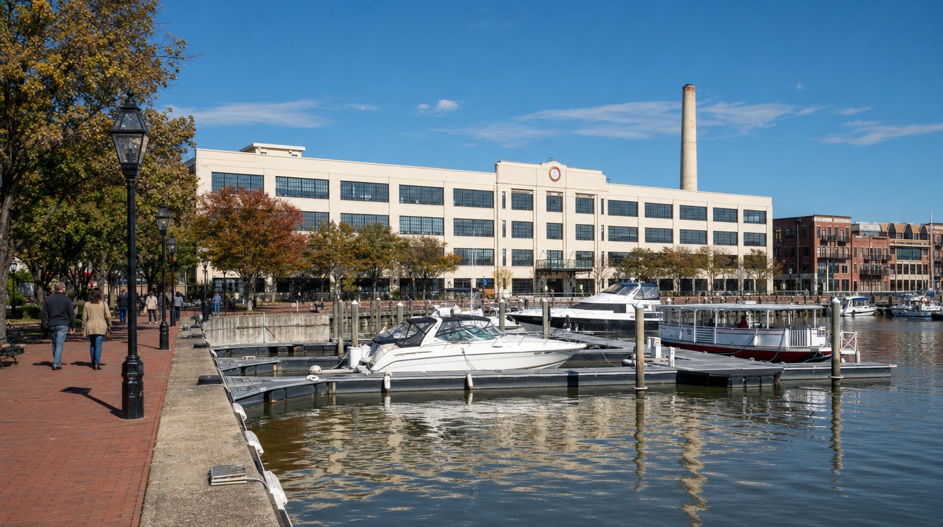 The Torpedo Factory Art Center and its smokestack seen across the Old Town Alexandria marina, with boats at the docks