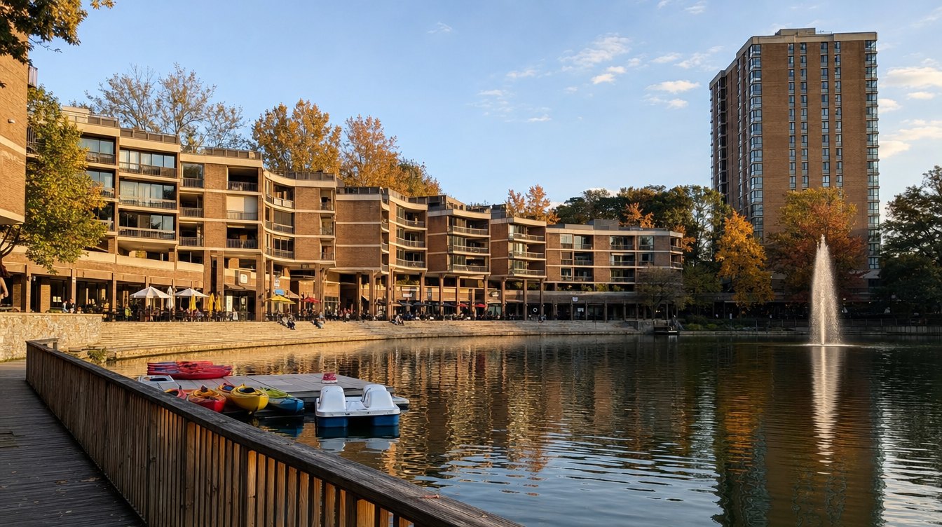 Lake Anne Plaza in Reston across the water from the boardwalk: the curved row of brick-and-concrete buildings, Heron House tower and the lake fountain in fall