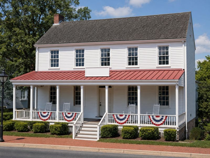The white two-story Freeman Store with its double porch on Church Street in autumn