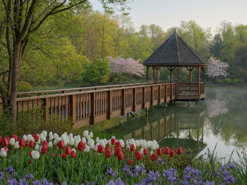 A white gazebo reflected in the lake at Meadowlark Botanical Gardens in spring