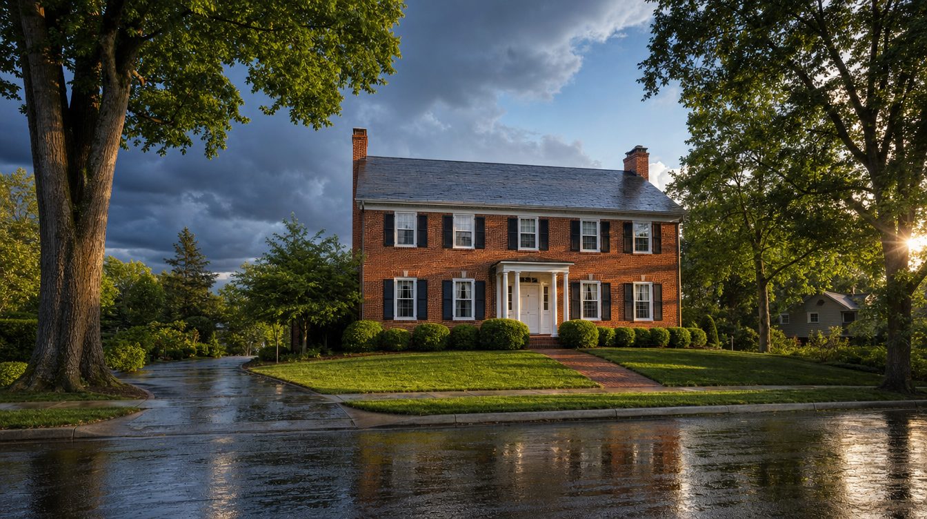 A brick colonial on a Northern Virginia street as a summer storm clears