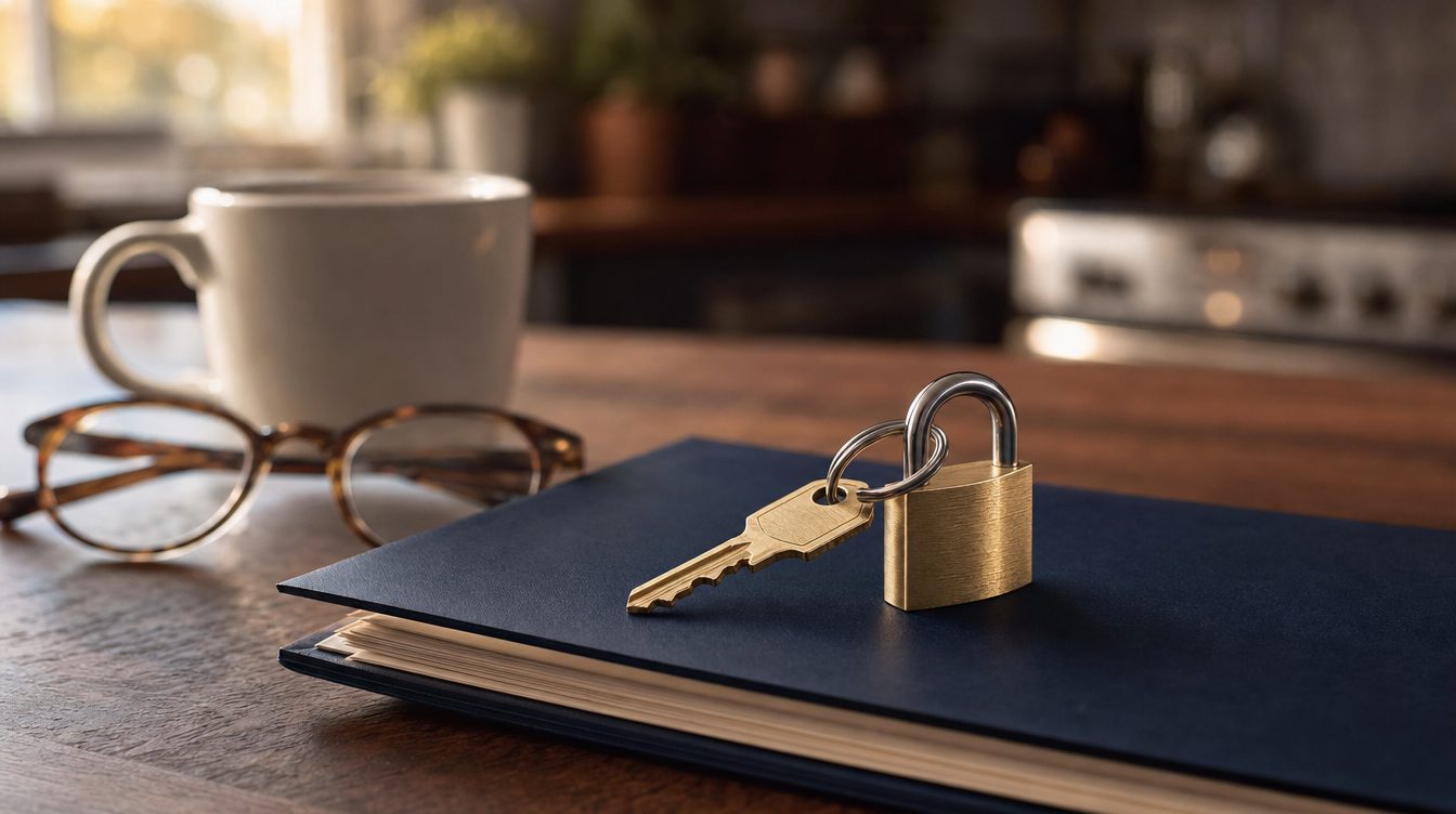 A house key locked to a padlock on a folder of loan papers